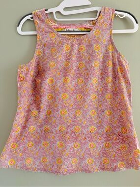 Fabindia Cotton Floral Block Print Tank Top Contrast Back Pink Yellow Small